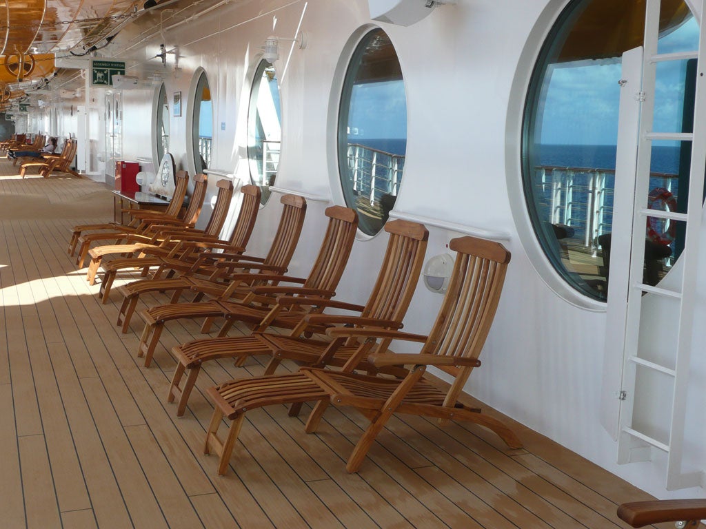 The ship's steamer chairs recall a bygone age