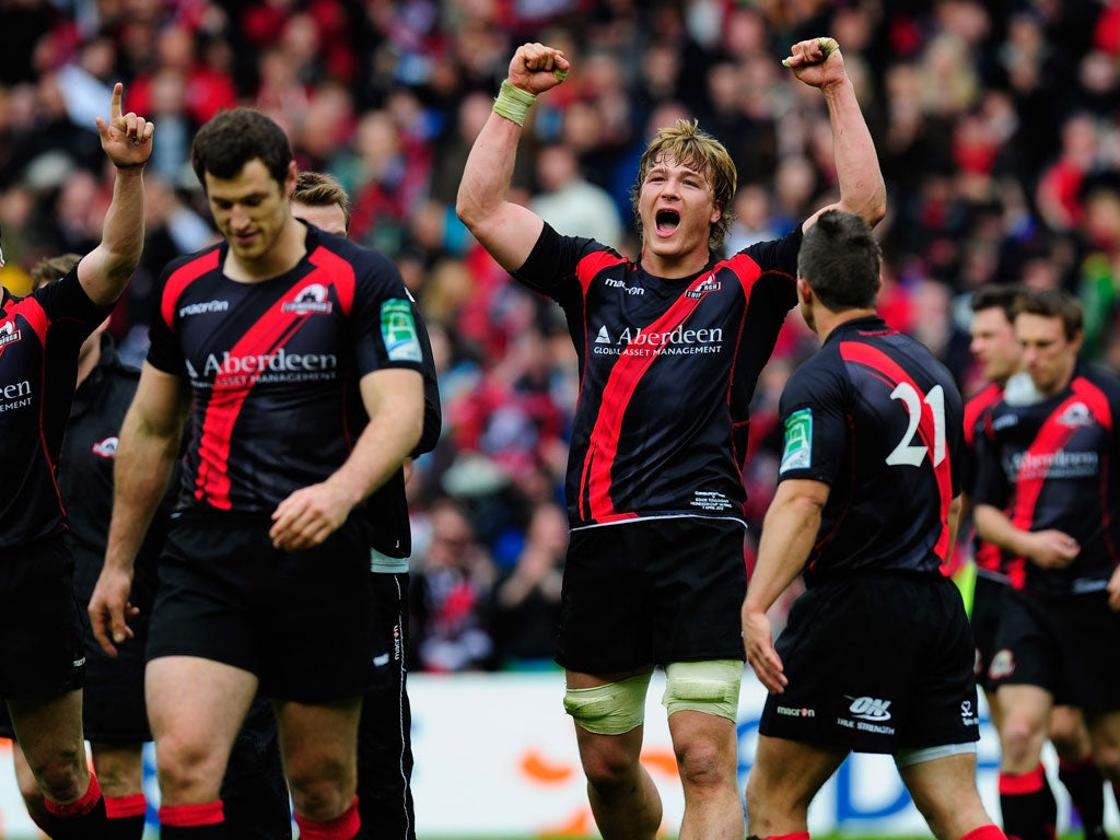 Roar talent: Edinburgh forward David Denton (second right) and his team-mates celebrate on the final whistle after their historic victory over Toulouse