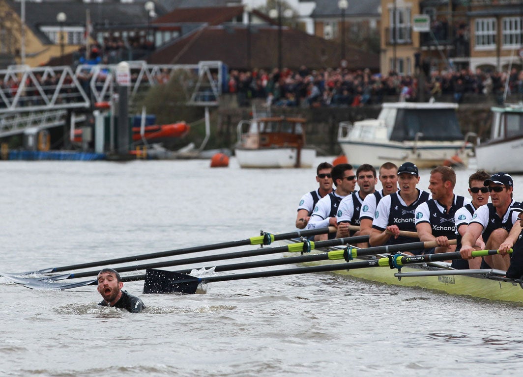 Trenton Oldfield brought the Oxford-Cambridge Boat Race to a dramatic halt