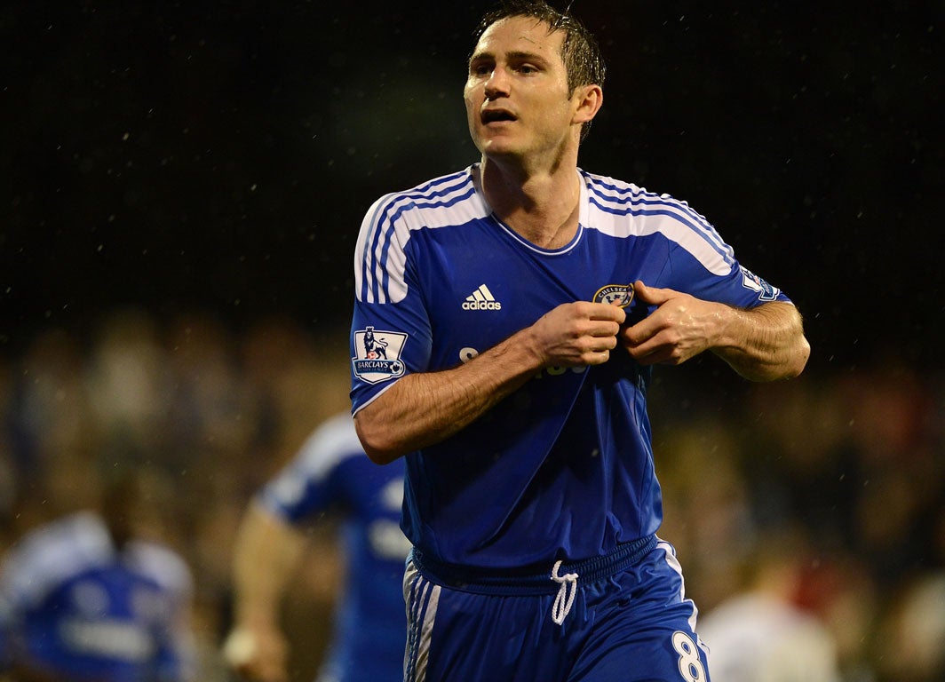 Fulham 1-1 Chelsea Frank Lampard celebrates after scoring his 150th Premier League goal. The midfielder scored from the spot to give his side the lead in the first half. Clint Dempsey’s late equaliser, his 16th league goal of the season, earne