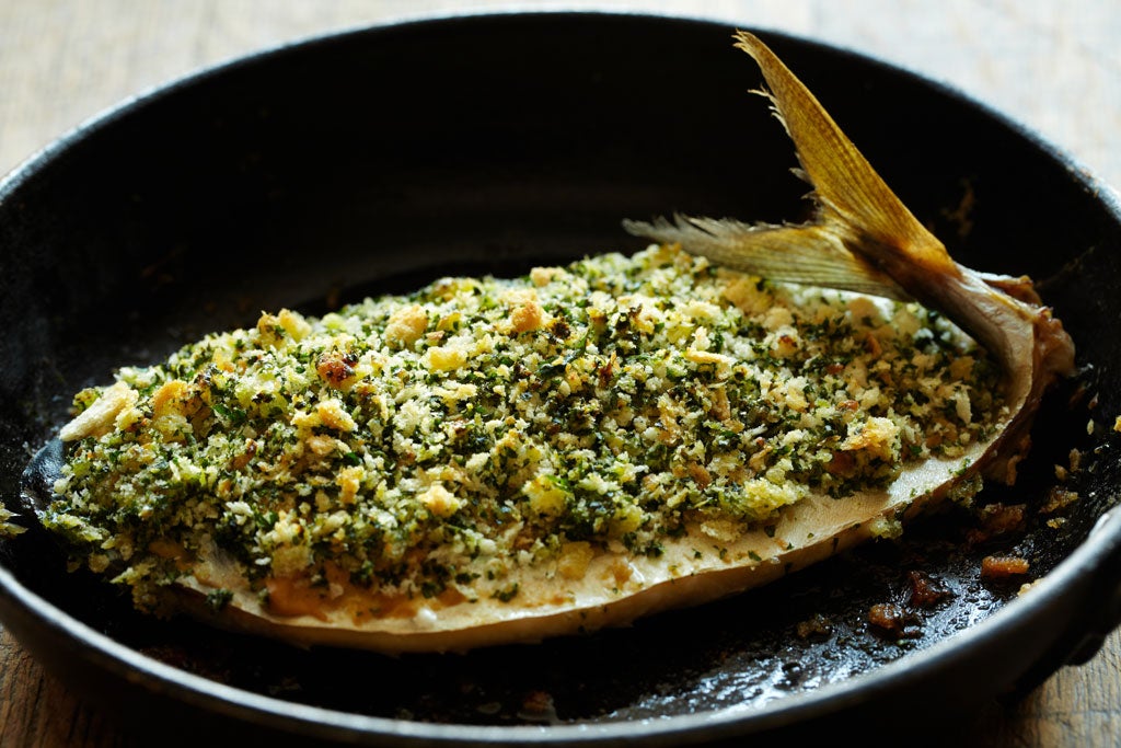 Baked mackerel with mustard and Parmesan crust