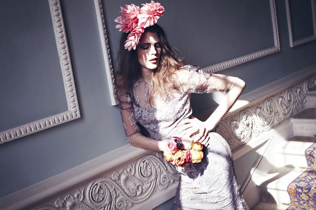 Dress, £4,760, by Erdem, from net-a-porter.com; headdress and floral wrist cuff, both made to order, by Rebel Rebel, 5 Broadway Market, London E8, 020-7254 4487, rebelrebel.co.uk; lace bra (worn throughout), £16, by american apparel, store.american-apparel.co.uk