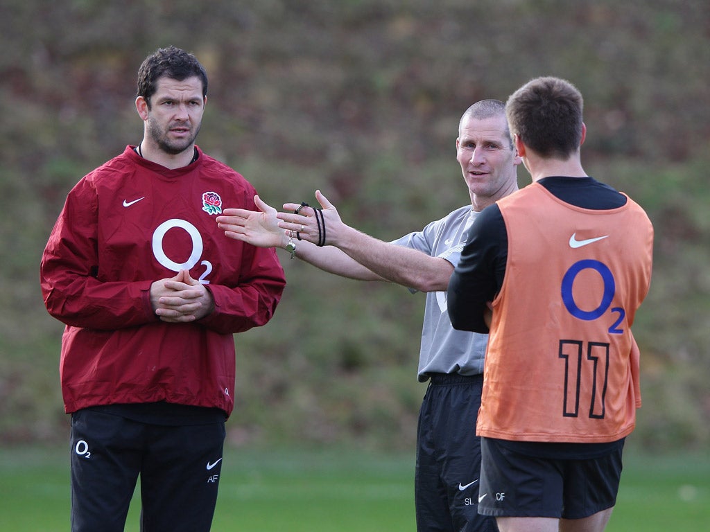 Andy Farrell (left) will not continue to work with Stuart Lancaster (centre)