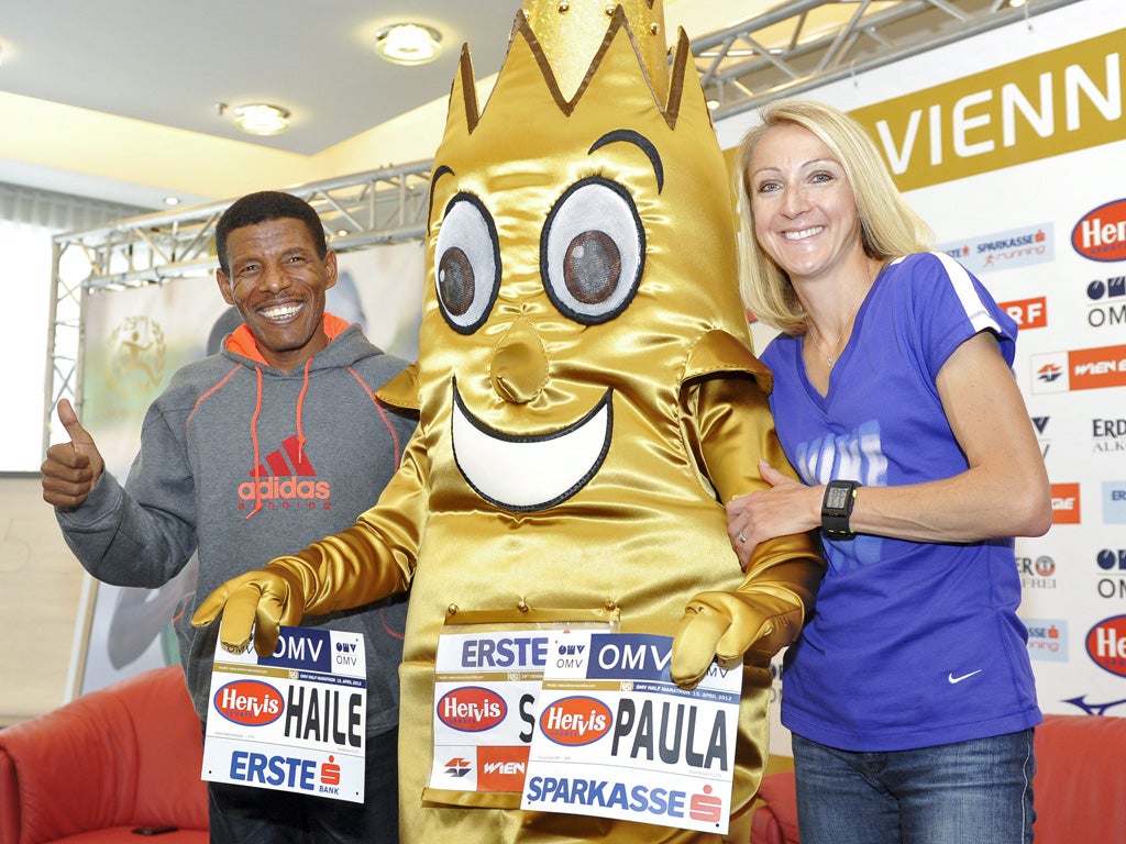 Paula Radcliffe and Haile Gebrselassie ahead of their half-marathon race in Vienna tomorrow