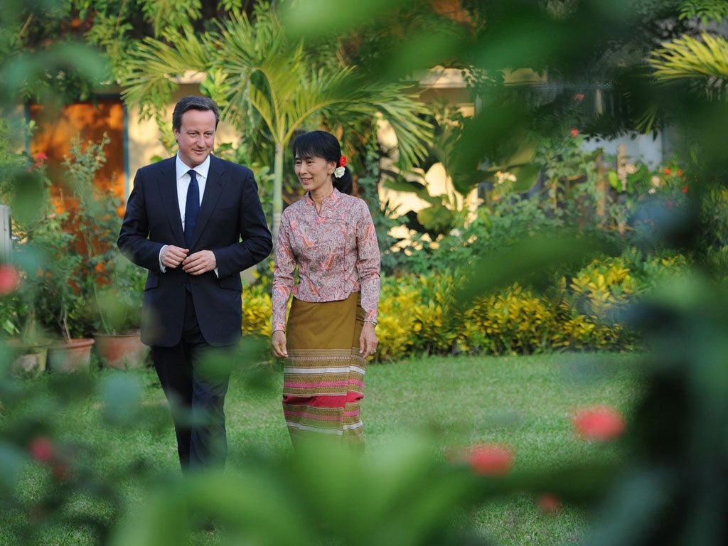 Back in business: David Cameron with Burmese pro-democracy leader Aung San Suu Kyi on Friday