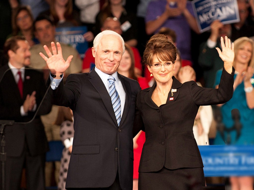 Ed Harris as John McCain and Julianne Moore as Palin in a portrait missing her hokey charisma