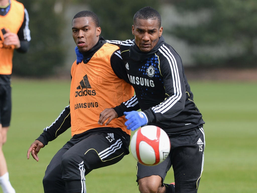 Daniel Sturridge (left) and Florent Malouda train between matches for Chelsea