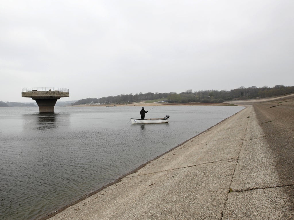 The half-full Bewl water reservoir in Kent on April 5, 2012. The reservoir at Bewl in Kent is holding just 50 percent of its capacity as opposed to the 90 percent it would normally hold at this time of year according to Southern Water.