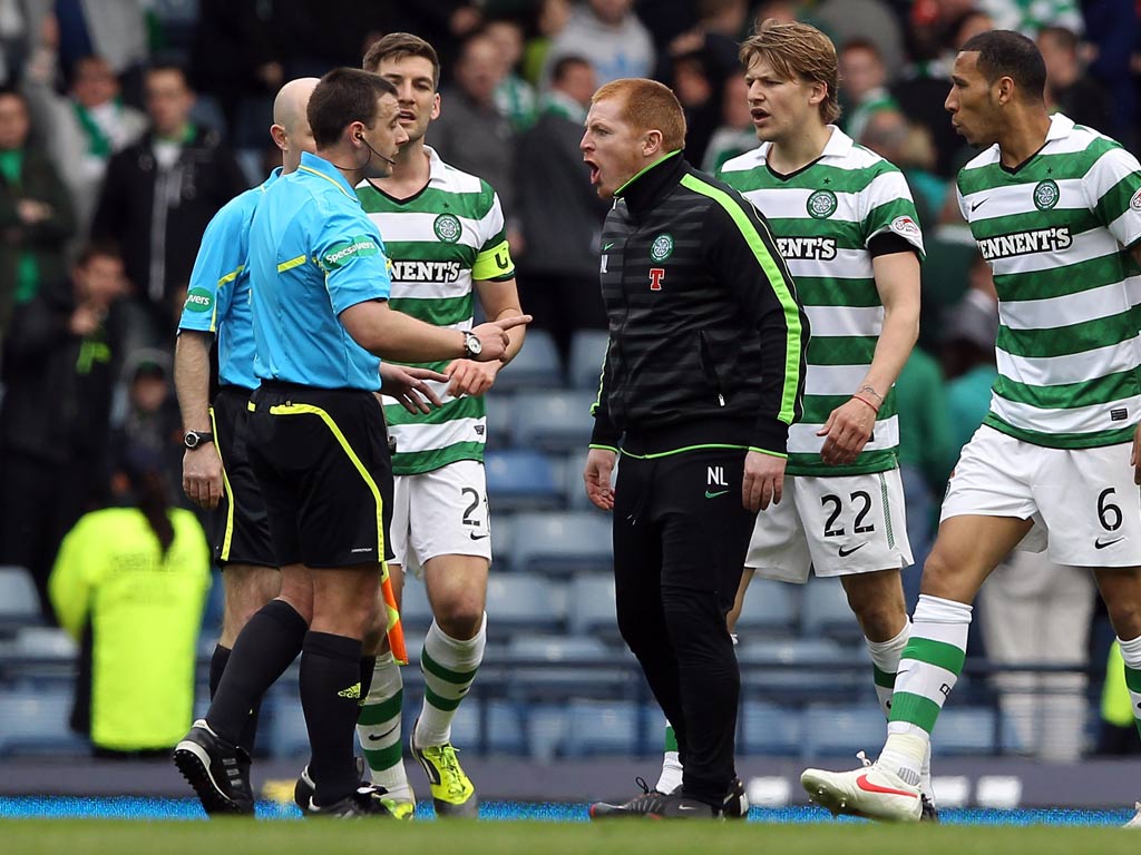 Neil Lennon confronts the referee