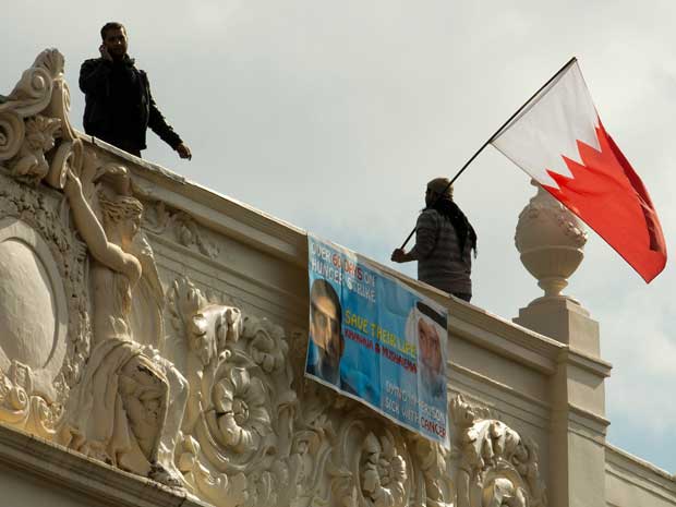 Two activists managed to climb onto the roof of the Bahrain Embassy in London today