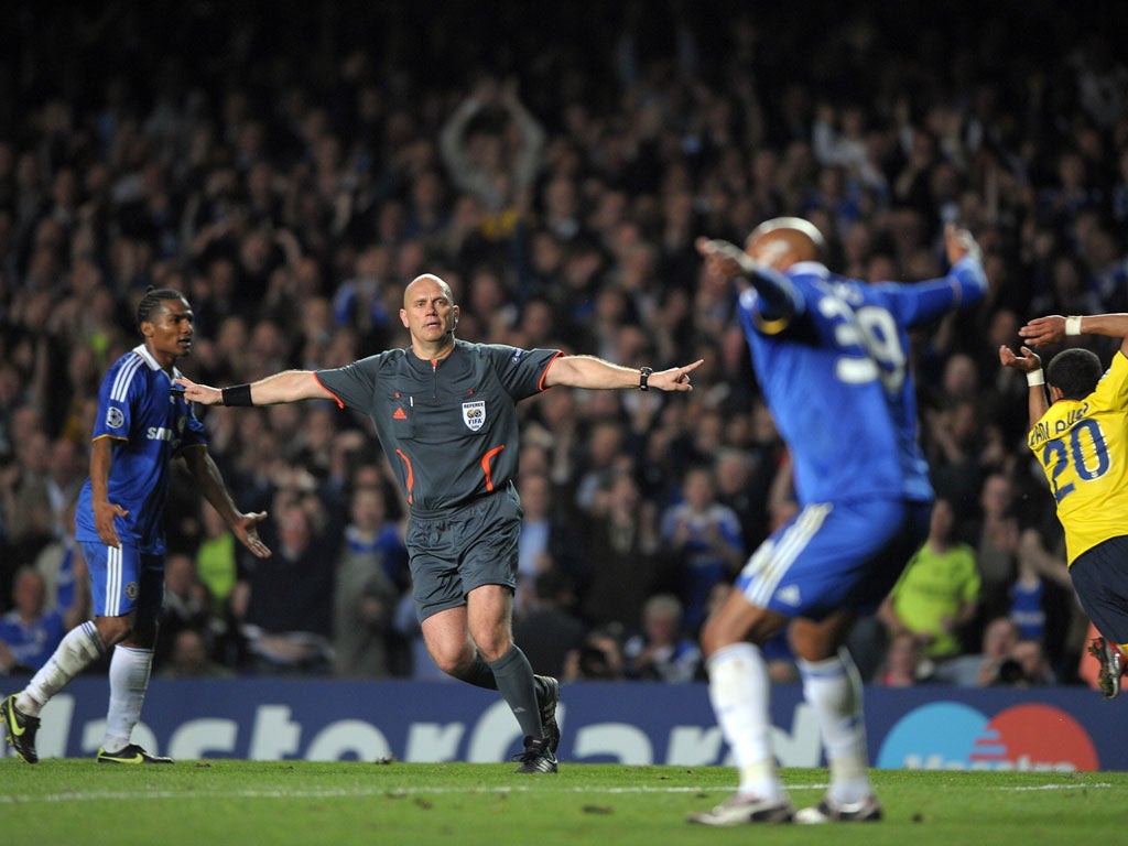 Tom Henning Ovrebo pictured officiating the Champions League semi-final between Chelsea and Barcelona