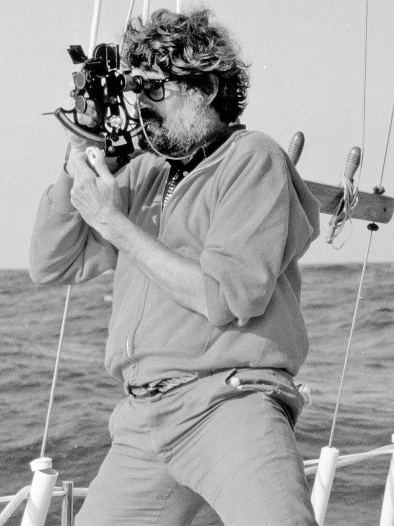 Moody takes a sextant reading while crossing the Atlantic in 1983