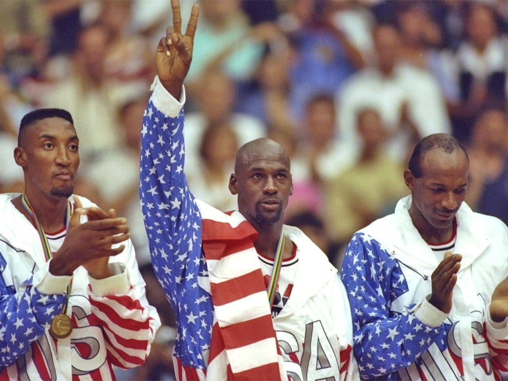 Scottie Pippen, Michael Jordan and Clyde Drexler of the United States' famous Dream Team from 1992