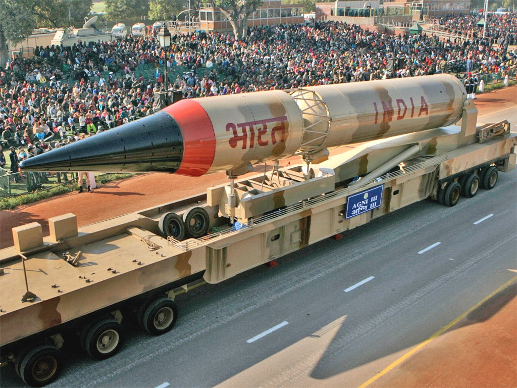 The Indian army's Agni III missile is paraded through Delhi in 2008. It is the forerunner of the Agni V, which is due to be tested