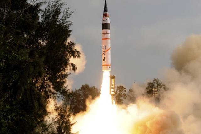 India's Agni-V missile being launched from Wheeler Island off India's east coast