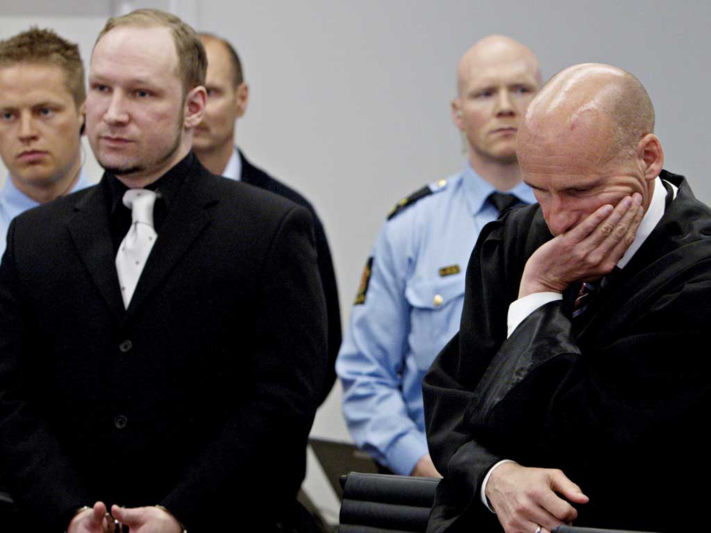 Anders Breivik (left) with his defence lawyer Geir Lippestad in court on the fifth day of his trial in Oslo