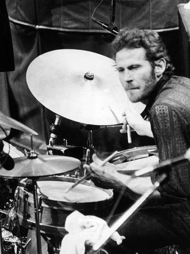 Levon Helm in 1976 playing the drums at The Band's final live performance