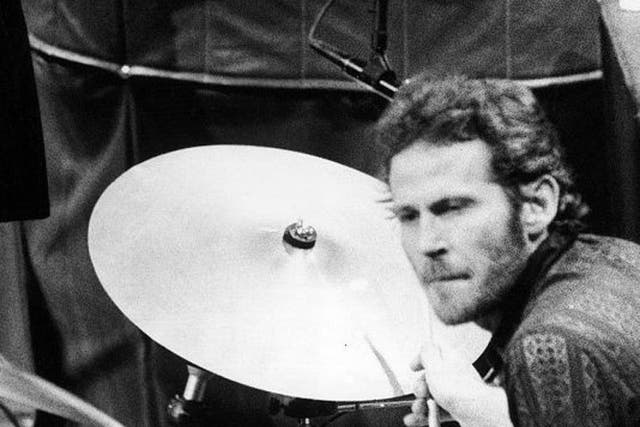 Levon Helm in 1976 playing the drums at The Band's final live performance 