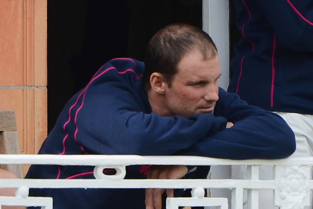 The England captain, Middlesex's Andrew Strauss, was bowled second ball at Lord's, where a hail shower stopped play yesterday