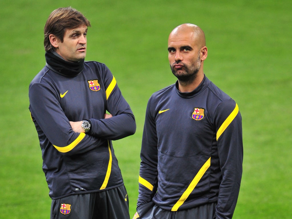 Pep Guardiola (right) with his assistant at Barcelona, Tito Vilanova