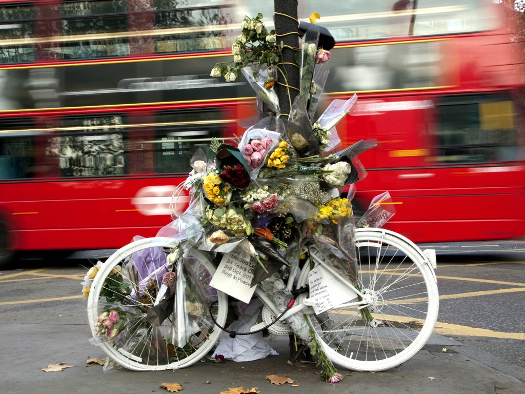 Death on two wheels: a 'ghost bike' memorial to Deep Lee, a cyclist killed at King’s Cross in London