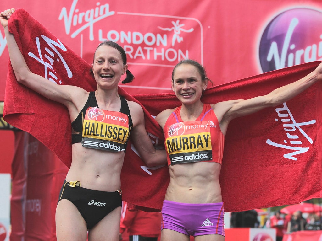 Claire Hallissey and Freya Murray celebrate finishing the London Marathon inside Jo Pavey’s time