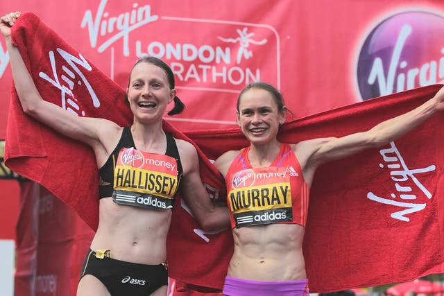 Claire Hallissey and Freya Murray celebrate finishing the London Marathon inside Jo Pavey’s time