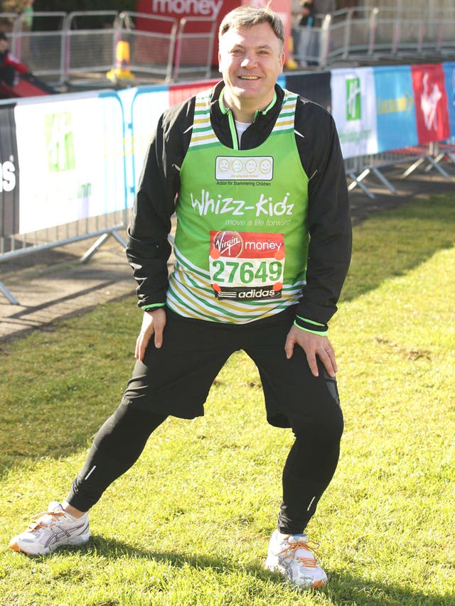 Shadow Chancellor Ed Balls at the start of during the 32nd Virgin London Marathon in London