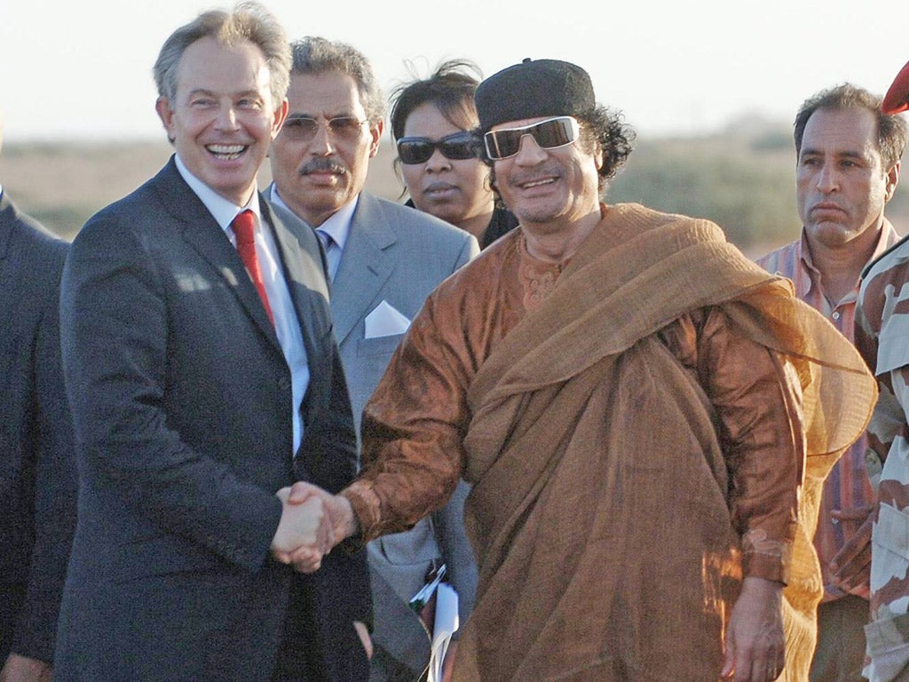 Tony Blair with Colonel Gaddafi in 2007; in the build-up to the meeting, it is alleged, MI5 and MI6 collaborated with Libyan intelligence services