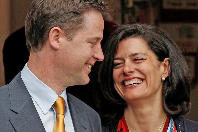 Britain's Liberal Democrat party leader Nick Clegg stands with his wife Miriam Gonzalez Durantez