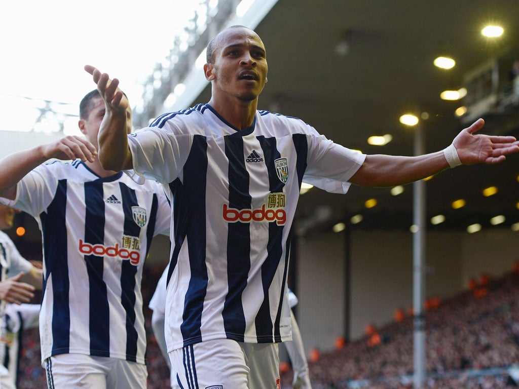 Liverpool 0-1 West Brom Peter Odemwingie celebrates after his second half goal gave West Brom their first win at Anfield since 1967. The goal gave West Brom manager Roy Hodgson an enjoyable return to his former club who have now won only five