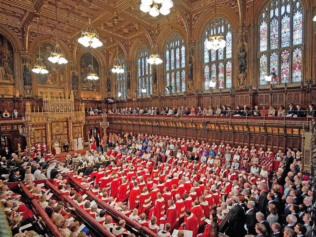 The House of Lords during the State Opening of Parliament in Westminster