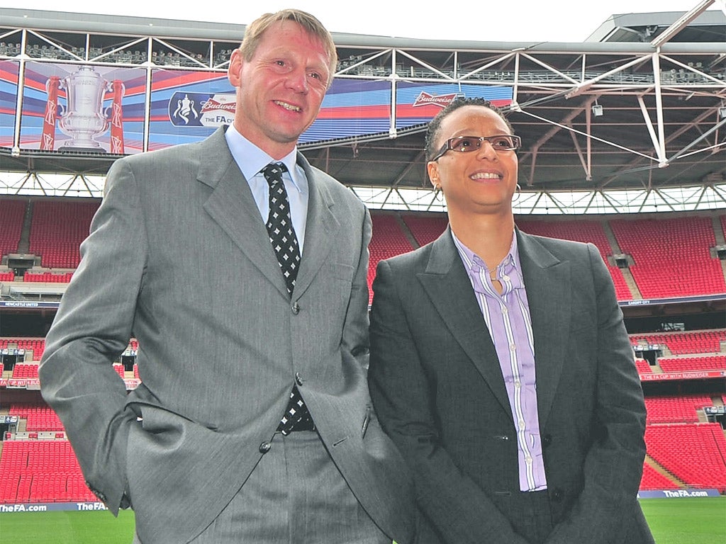 Team GB coaches Stuart Pearce and Hope Powell at Wembley yesterday