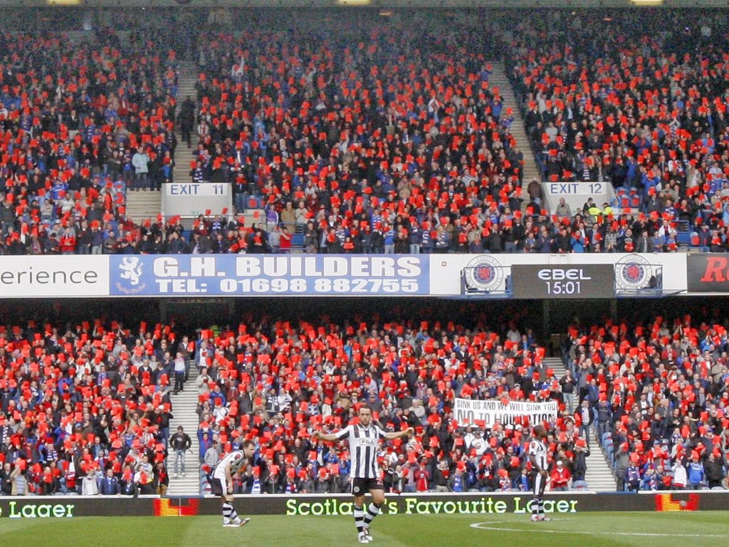 Rangers fans take part in a demonstration at Ibrox on Saturday