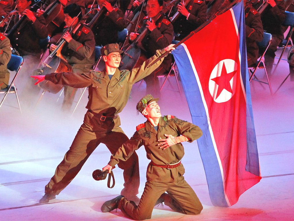 Performers in Pyongyang mark the 80th anniversary yesterday of the North Korean army