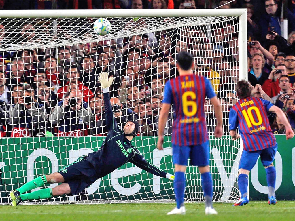 Lionel Messi hits the bar with his penalty in the second half