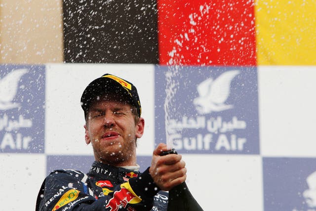 Sebastian Vettel celebrates victory at the Bahrain Grand Prix