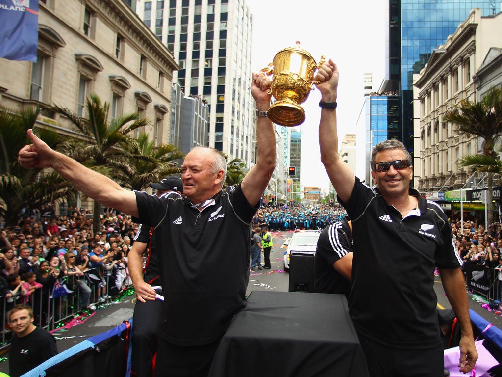 Wayne Smith (right) celebrates New Zealand's World Cup victory