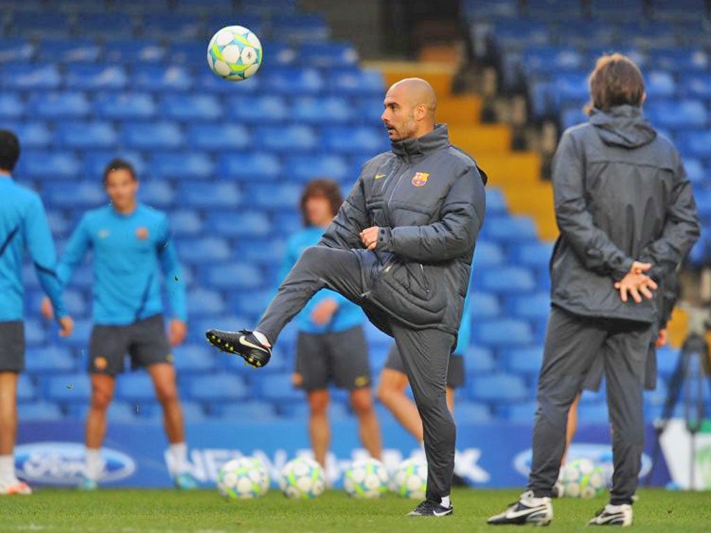 Pep Guardiola practises his keepyuppy at Stamford Bridge