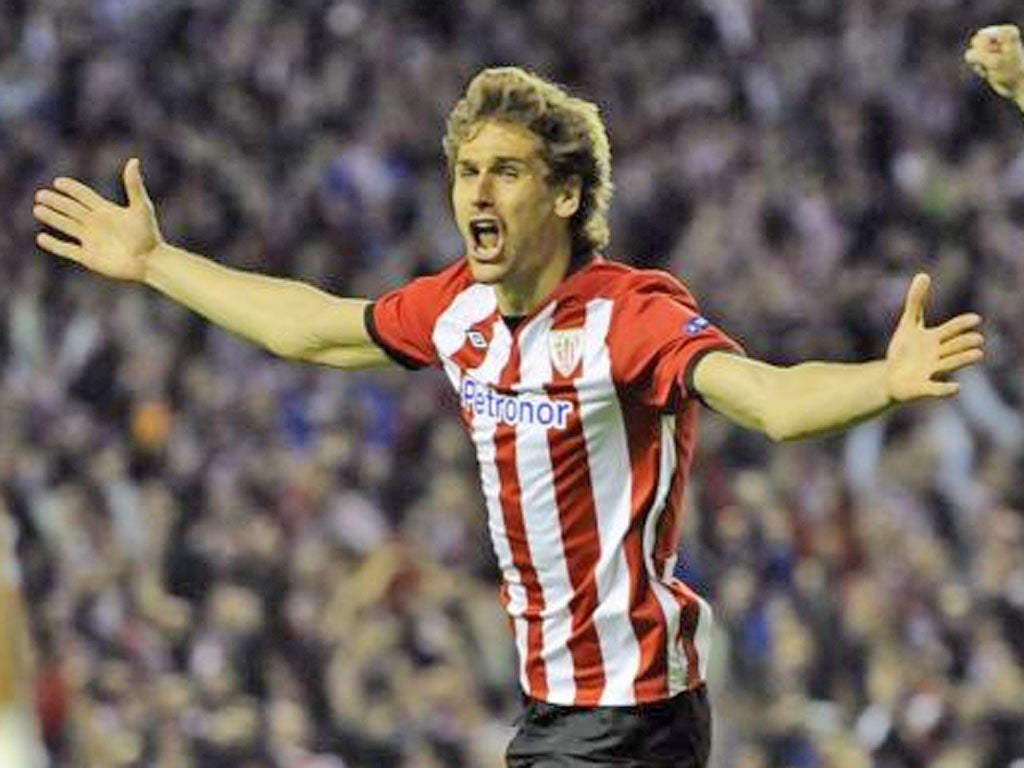 Athletic Bilbao's Fernando Llorente celebrates after he scored against SCP Sporting during their Europa League yesterday