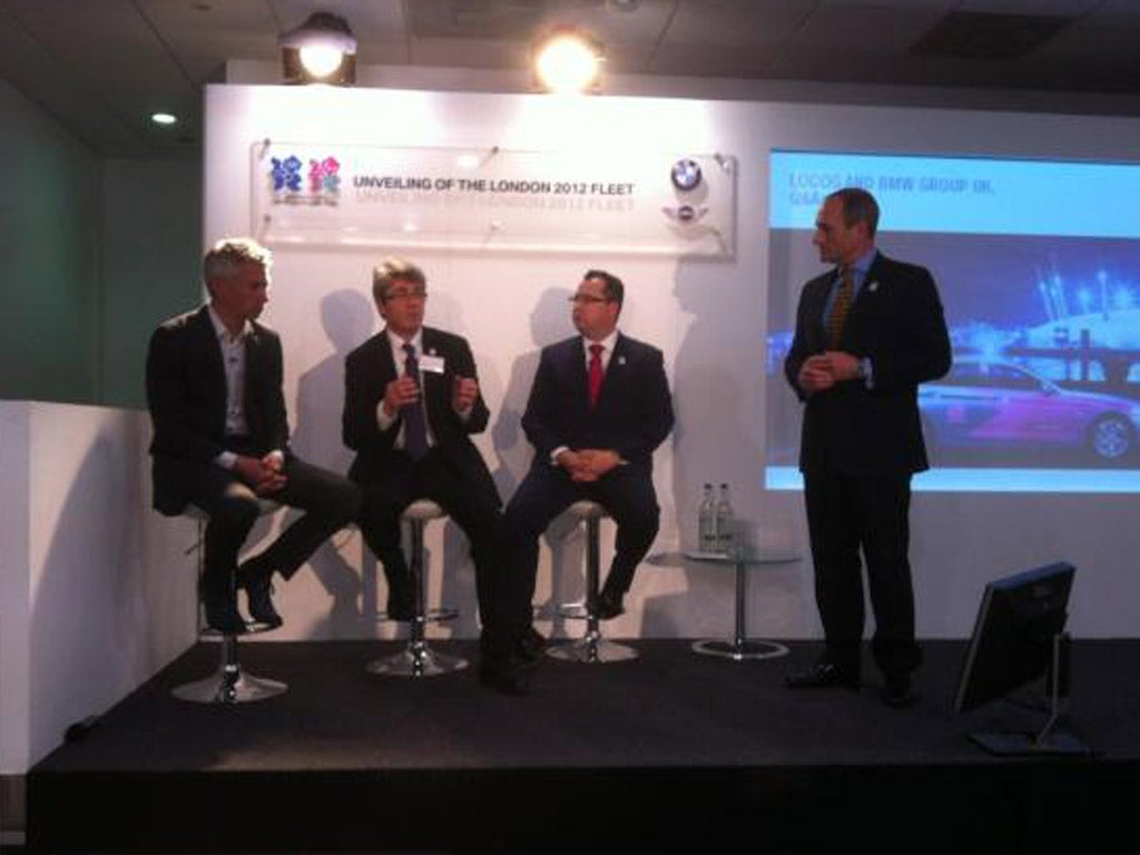 Jonathan Edwards, left, with BMW and Locog bosses at BMW Olympic fleet launch at Marsham Street