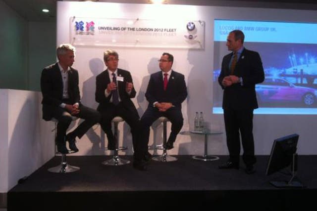 Jonathan Edwards, left, with BMW and Locog bosses at BMW Olympic fleet launch at Marsham Street