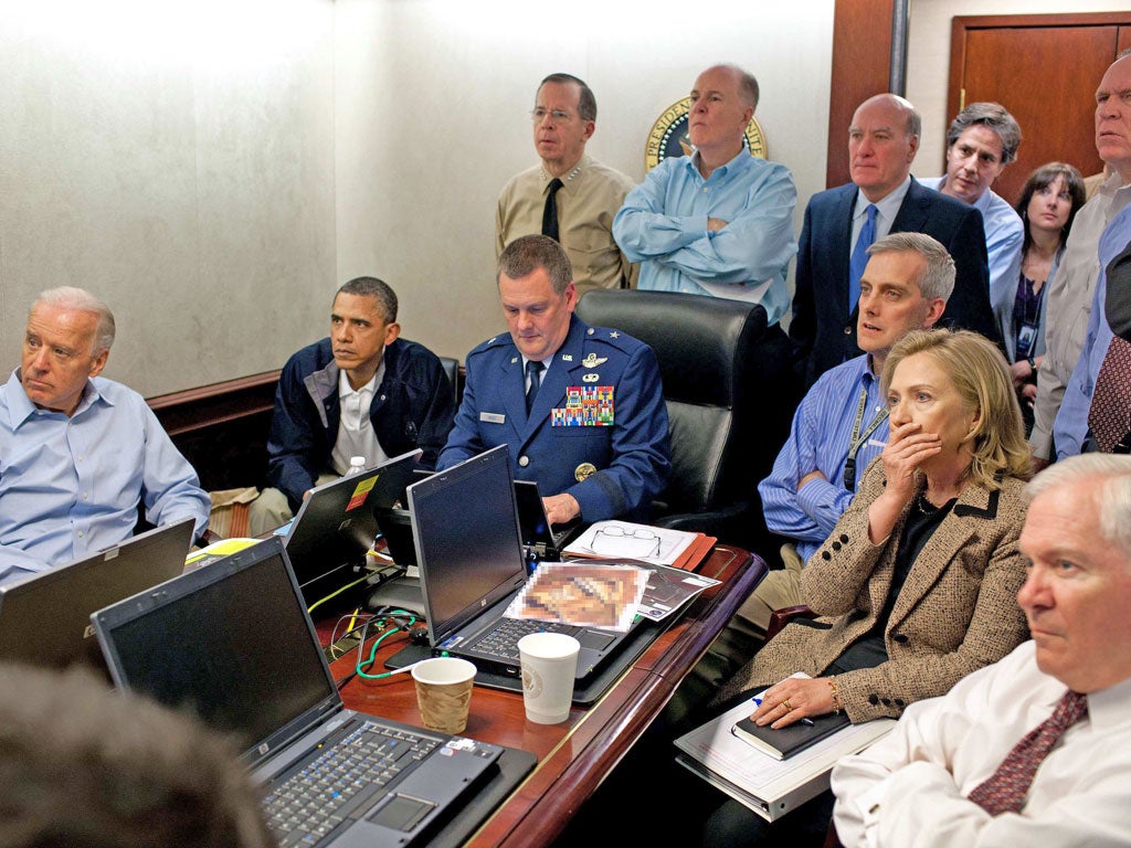 The killing of Osama Bin Laden at his compound was watched by Barack Obama and Hillary Clinton
in the Situation Room at the White House