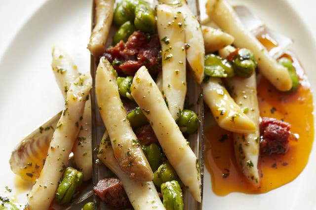 Steamed razor clams with chorizo and broad beans