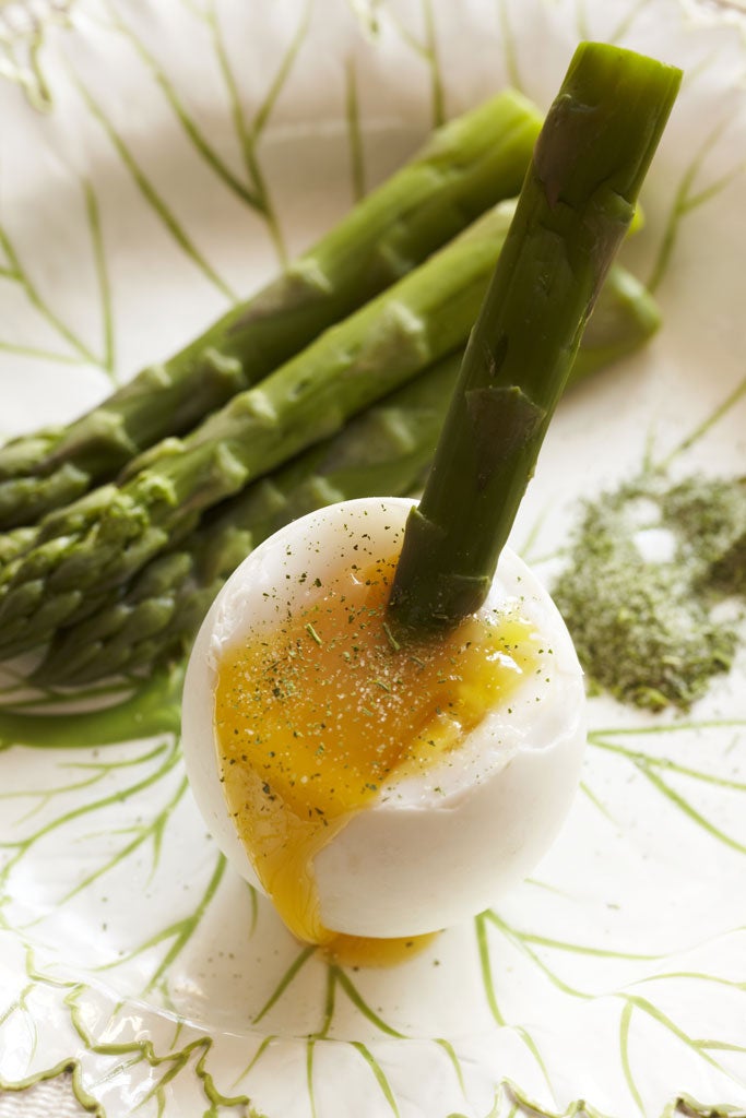 Duck eggs with asparagus soldiers