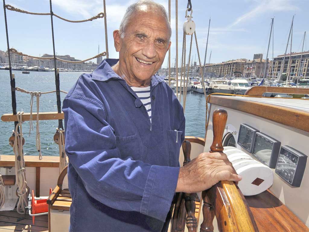 Falco in 2009 aboard his boat 'Fleur de Lys', a converted German vessel from the Second World War