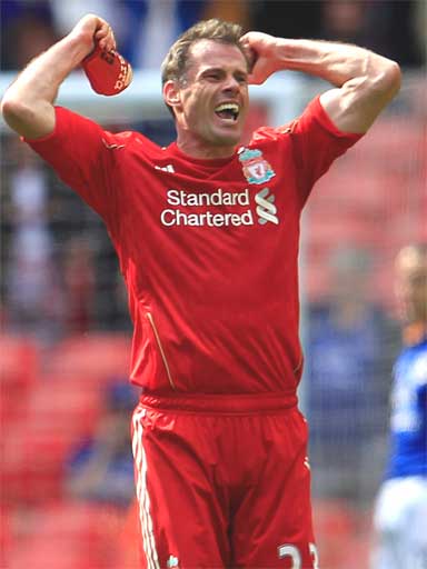 Jamie Carragher enjoys the FA Cup semi-final victory over Everton