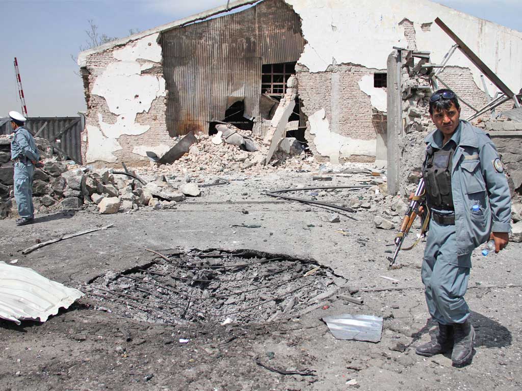 The scene of the suicide bombing in Kabul which killed seven