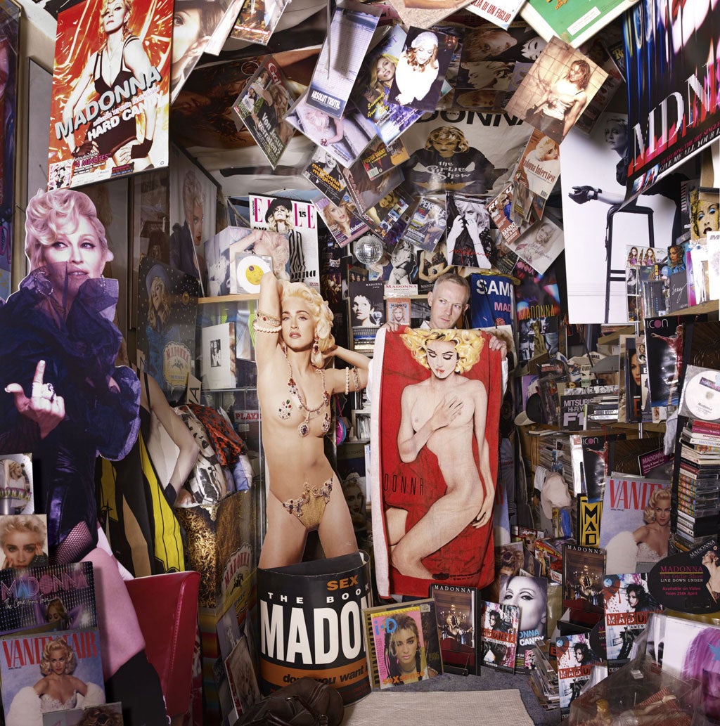 James Harknett at his east London home, which is a treasure trove of almost 10,000 pieces of Madonna memorabilia