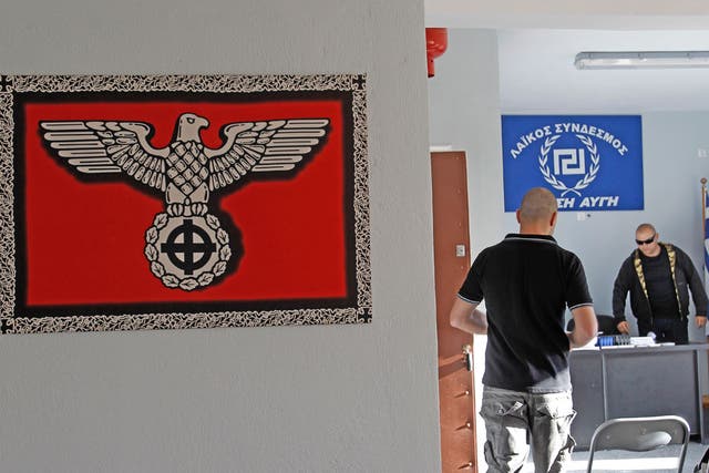 Nazi-style poster at a party office in the suburban town of Artemis